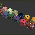 Colorful Dice With White Dots Arranged In Row On Dark Surface