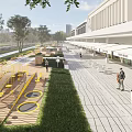 Modern Commercial Landscape With Pedestrian Plaza Trees Yellow Columns And Roadside Greenery