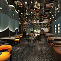 Modern Restaurant Interior With Blue Walls Orange Seats And Marble Tables
