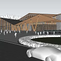 Modern Wooden Visitor Center With Sloped Roof Purple Flower Beds And Outdoor Area
