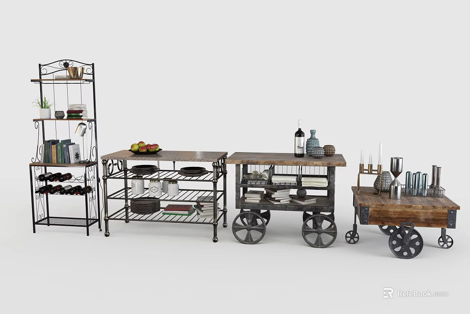 Multi Tier Storage Shelves with Metal Frame Wooden Shelves and Wheels for 3d model 