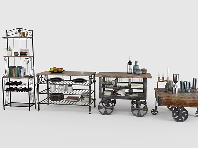 Multi Tier Storage Shelves with Metal Frame Wooden Shelves and Wheels for 3d model