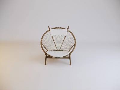 Round Rattan Woven Leisure Chair with White Cushion and Wooden Frame in Minimalist Style 3d model