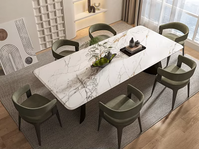 Modern Marble Top Dining Table With Six Green Chairs In Contemporary Dining Interior 3d model