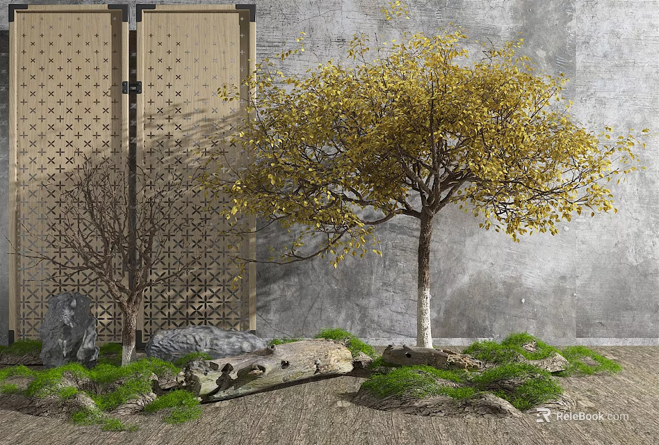 Golden Leaf Arbor In Garden With Stone Log Green Plants And Wooden Screen 3d model 