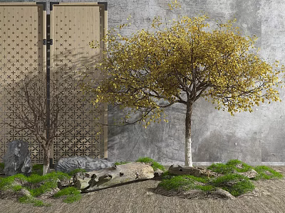 Golden Leaf Arbor In Garden With Stone Log Green Plants And Wooden Screen 3d model