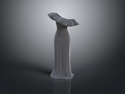 Elegant Gray One Shoulder Long Dress With Ruffled Collar And Flowing Fabric Design 3d model
