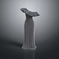 Elegant Gray One Shoulder Long Dress With Ruffled Collar And Flowing Fabric Design