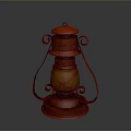 Vintage Red Lantern With Curved Scroll Metal Frame And Yellow Glass Shade