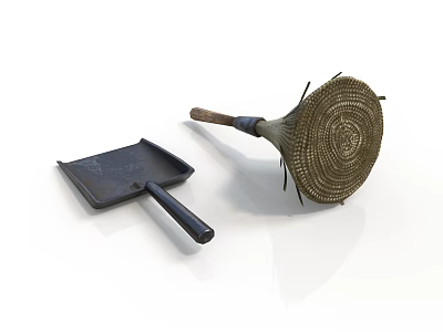 Traditional Woven Broom With Wooden Handle And Black Metal Dustpan For Cleaning 3d model