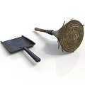 Traditional Woven Broom With Wooden Handle And Black Metal Dustpan For Cleaning