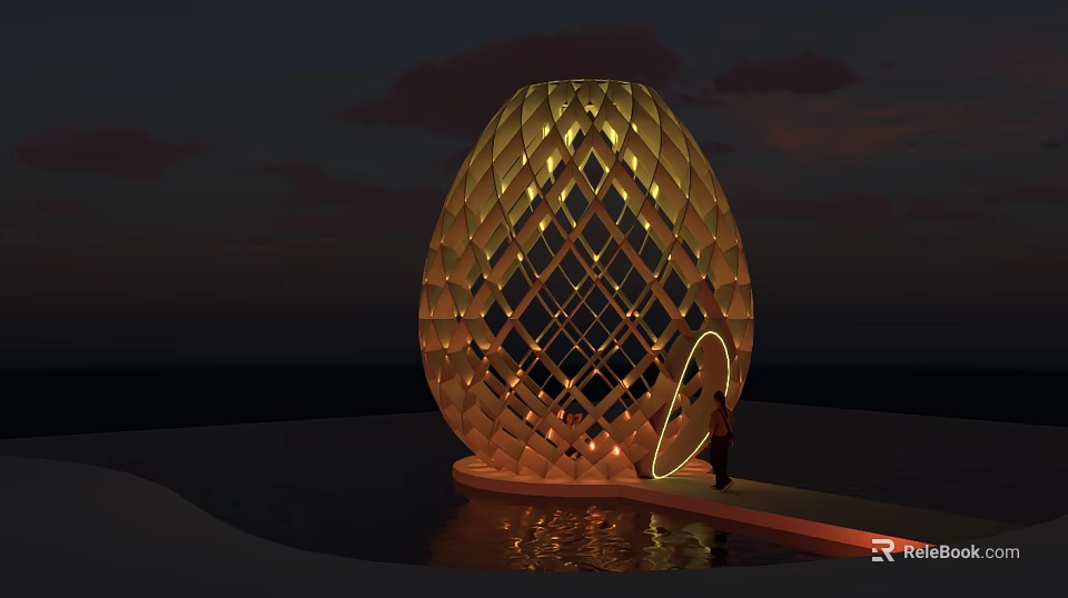 Golden Egg Shaped Art Installation Featuring Diamond Lattice Design And Illuminated Ring On Water Surface 3d model 