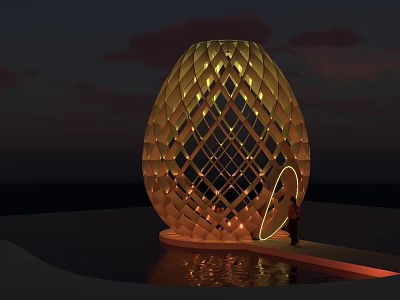 Golden Egg Shaped Art Installation Featuring Diamond Lattice Design And Illuminated Ring On Water Surface 3d model