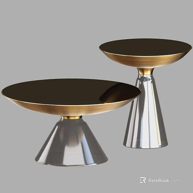 Sleek Modern Coffee Tables Design With Black Round Tabletop Gold Trim And Silver Cone Base 3d model 