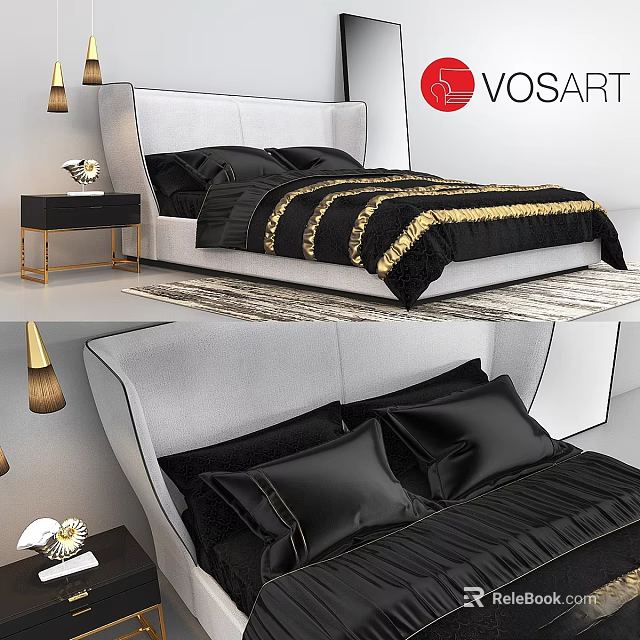 Modern Luxury Double Bed With White Headboard Black Bedding Gold Stripes And Nightstand 3d model 