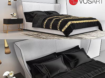Modern Luxury Double Bed With White Headboard Black Bedding Gold Stripes And Nightstand 3d model