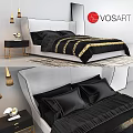 Modern Luxury Double Bed With White Headboard Black Bedding Gold Stripes And Nightstand