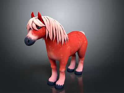 Cute Red Toy Pony With Pink Mane Blue Eyes And Black Hooves 3d model