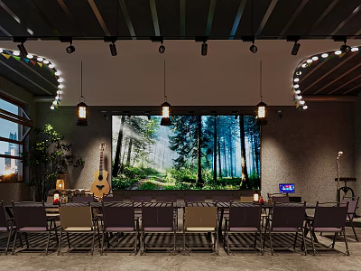 Cozy Bar Interior Featuring Large Forest Scene Screen Hanging Lights Guitar Tables Chairs Potted Plants 3d model