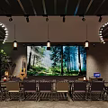 Cozy Bar Interior Featuring Large Forest Scene Screen Hanging Lights Guitar Tables Chairs Potted Plants