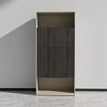 Modern File Cabinet Design With Beige Frame Dark Wood Grain And Open Shelves