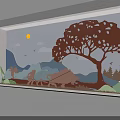 Artistic Paper Cut Style Background Wall with Sun Mountains Tree Bullock Cart Birds and Clouds