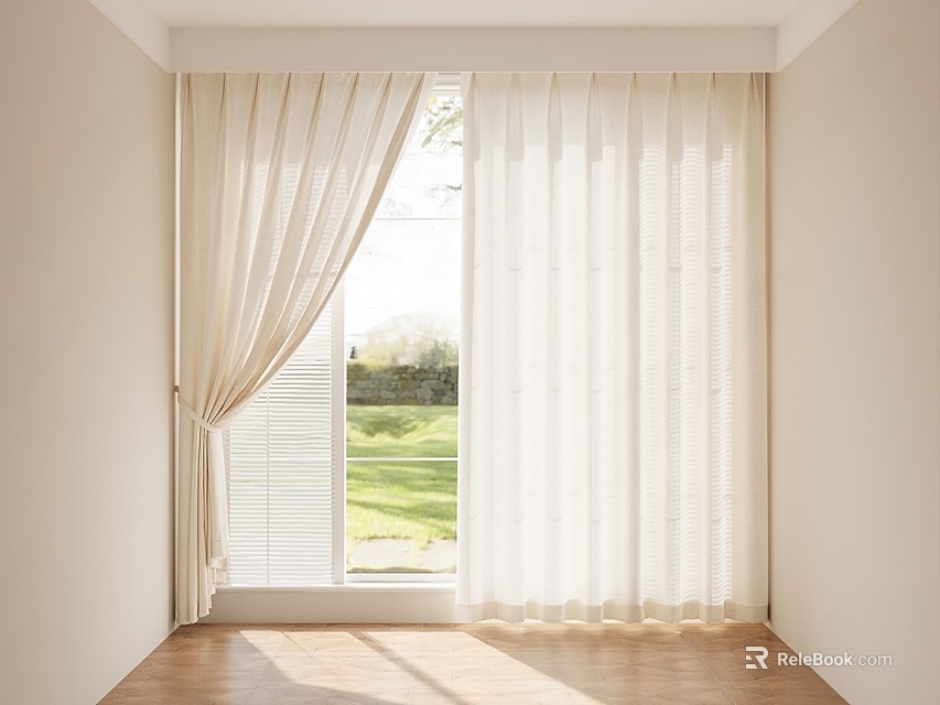 Elegant Light Colored Curtains Framing Window With Natural Light Wooden Floor And Green Grass Outside 3d model 