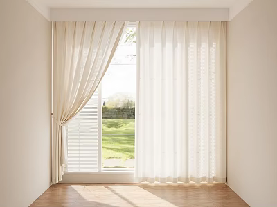 Elegant Light Colored Curtains Framing Window With Natural Light Wooden Floor And Green Grass Outside 3d model