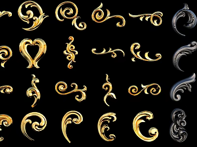 Intricate Gold and Black Decorative Carvings with Curved Patterns as Ornate Design Elements 3d model