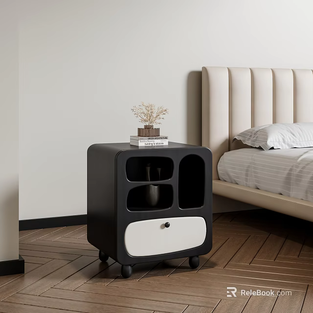 Modern Double Bed With Beige Upholstered Headboard And Black Nightstand With Books And Dried Flowers 3d model 