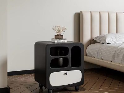 Modern Double Bed With Beige Upholstered Headboard And Black Nightstand With Books And Dried Flowers 3d model