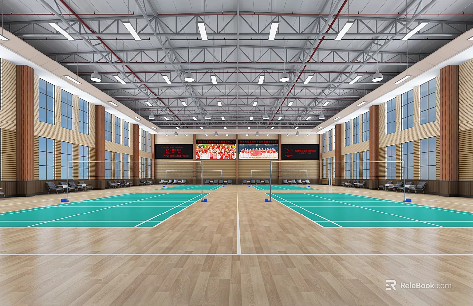 Indoor Sports Hall Fitness Area With Wooden Flooring Badminton Courts Large Windows And Ceiling Lights 3d model 