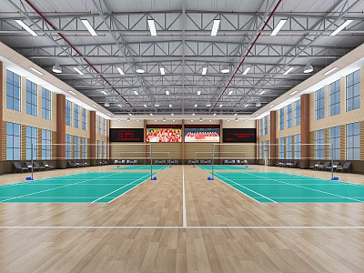 Indoor Sports Hall Fitness Area With Wooden Flooring Badminton Courts Large Windows And Ceiling Lights 3d model