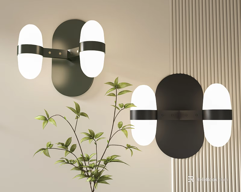 Modern Wall Lamps In Black And Dark Green With Green Plant On Textured Wall 3d model 