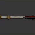 Unique Weapon Featuring Metal Pole Golden Accents Red Component And Serrated Edge