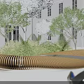 Modern Landscape Seating With Curved Striped Design Surrounded by Green Plants Trees and White Building