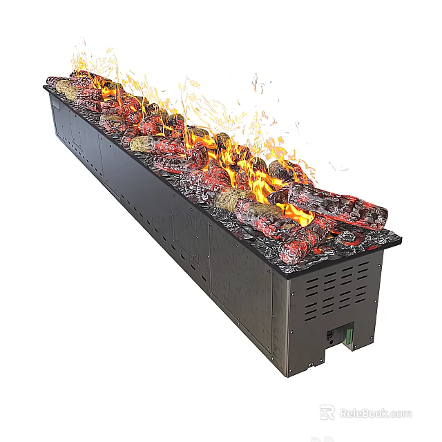 Long Rectangular Black Metal Fire Pit With Burning Flames Charcoal And Ventilation Holes 3d model
