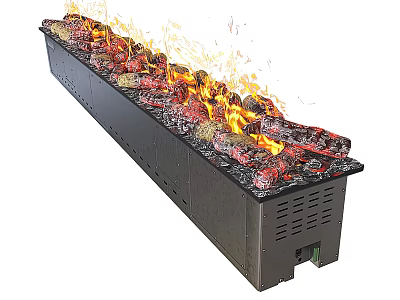 Long Rectangular Black Metal Fire Pit With Burning Flames Charcoal And Ventilation Holes 3d model