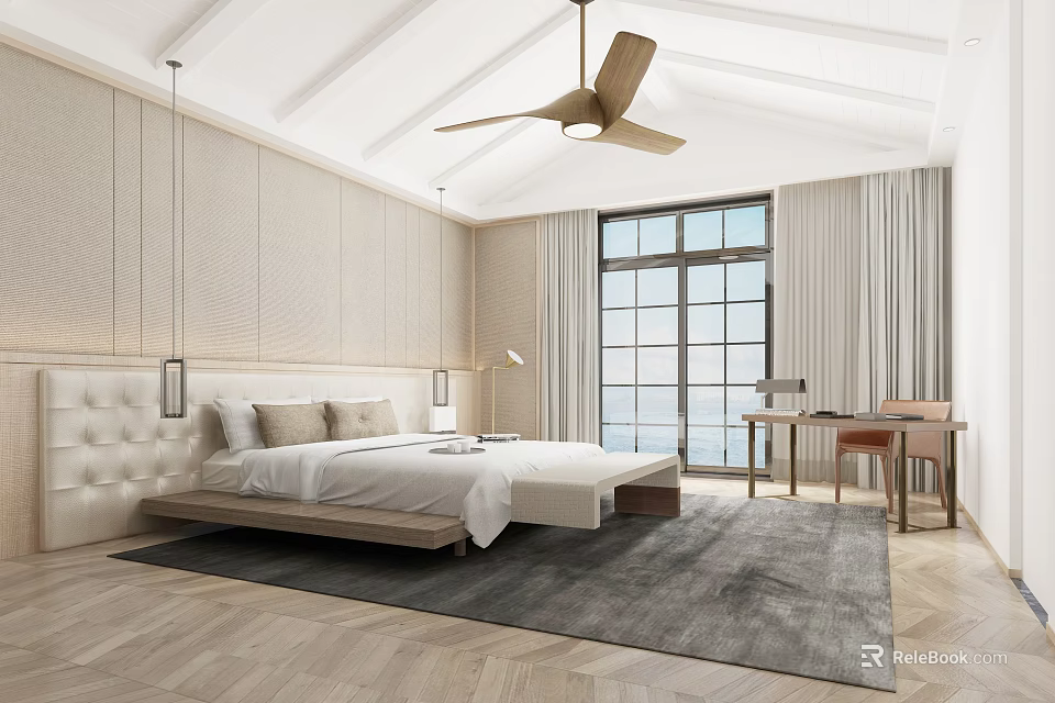 Spacious Hotel Room With Tufted Headboard Large Bed Floor To Ceiling Window And Wooden Floor 3d model 