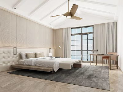 Spacious Hotel Room With Tufted Headboard Large Bed Floor To Ceiling Window And Wooden Floor 3d model