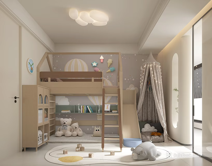 Kids Room With Bunk Bed Slide Tent Stuffed Toys Cloud Balloon Decorations And Round Rug 3d model 