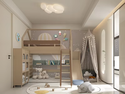 Kids Room With Bunk Bed Slide Tent Stuffed Toys Cloud Balloon Decorations And Round Rug 3d model