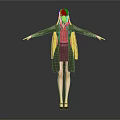 Game Movie Character 3D Model With Green Hair Red Shirt Black Coat And Arms Outstretched