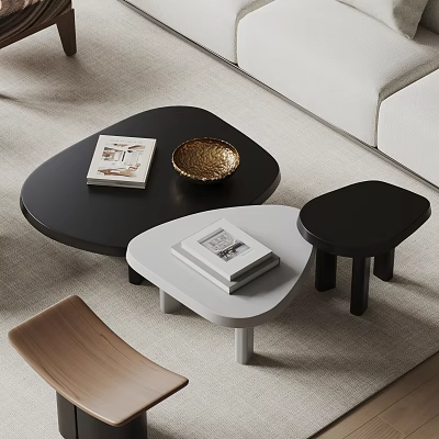Modern Black And White Triangular Coffee Tables With Books And Golden Bowl In Living Room 3d model