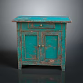 Rustic Turquoise Distressed Wooden Console Cabinet With Double Doors And Drawer
