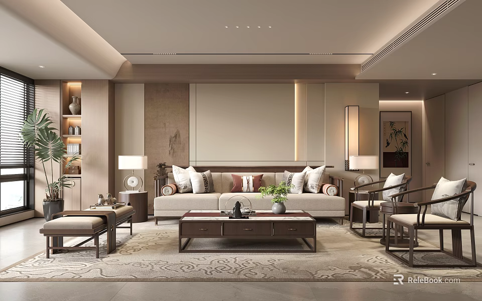 Chinese Style Living Room Interior With Beige Sofa Decorative Pillows Coffee Table And Lamps 3d model 