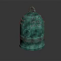 Ancient Bronze Bell With Turquoise Green Patina Intricate Carvings Circular Patterns And Ornate Handle