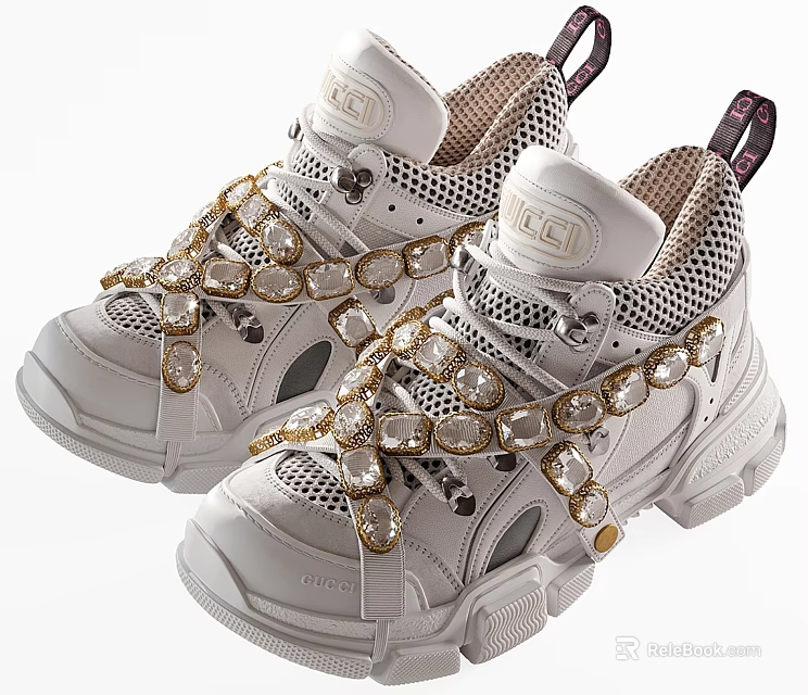 White Chunky Sole Mesh Sneakers With Gold Gemstone Accents And Logo Design 3d model 
