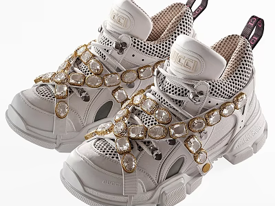 White Chunky Sole Mesh Sneakers With Gold Gemstone Accents And Logo Design 3d model