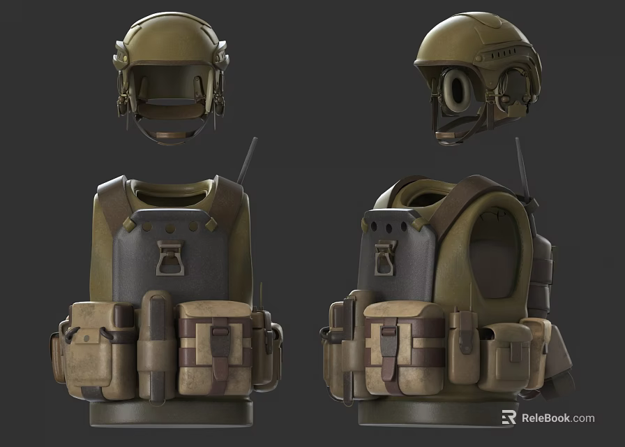 Military Tactical Vest With Multi Pocket Design And Helmet Gear Accessories 3d model 